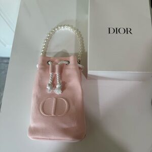 Dior Beauty drawstring mini pink pouch bag with pearl handle